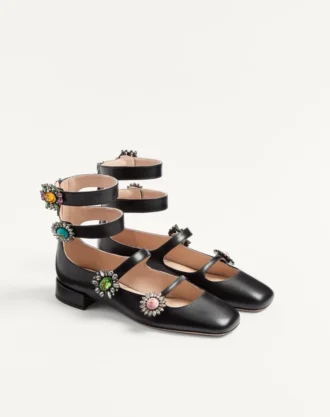 Balerini Preshoes cu curele din piele de capră și nasturi bijuterie 20 mm