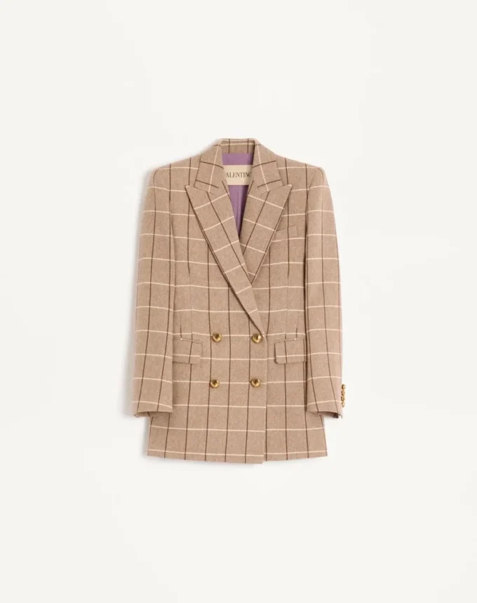 Blazer din lână cu două rânduri de nasturi și model în carouri Blazer din lână cu două rânduri de nasturi și model în carouri