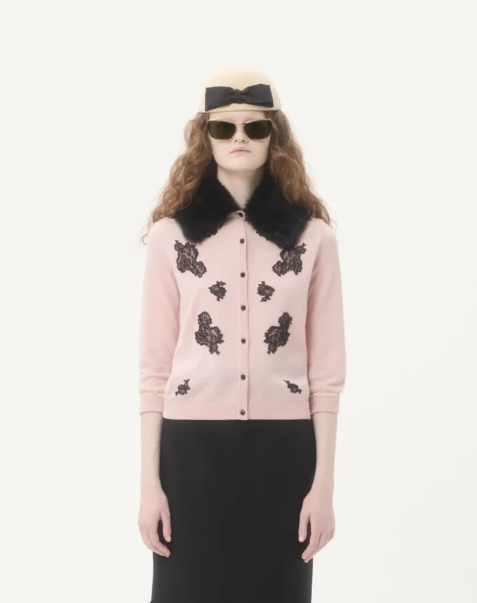 Cardigan cu guler din piele de oaie Cardigan cu guler din piele de oaie