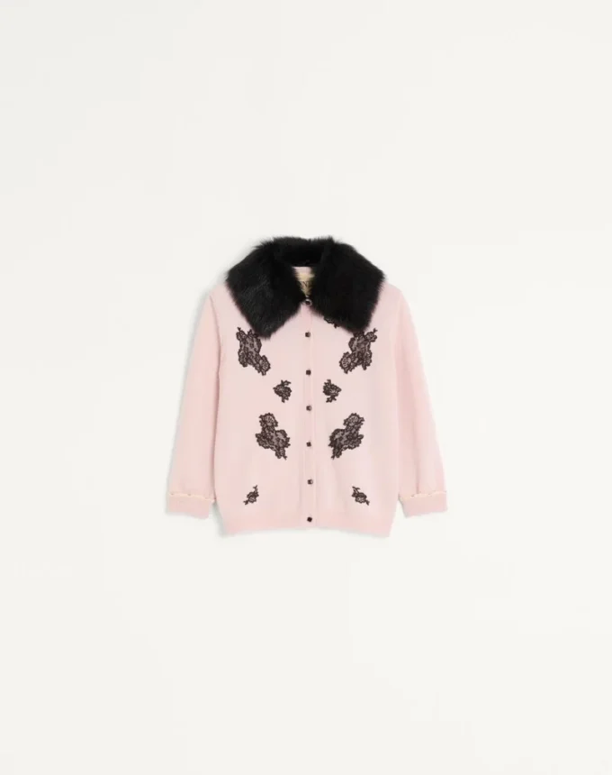 Cardigan cu guler din piele de oaie Cardigan cu guler din piele de oaie