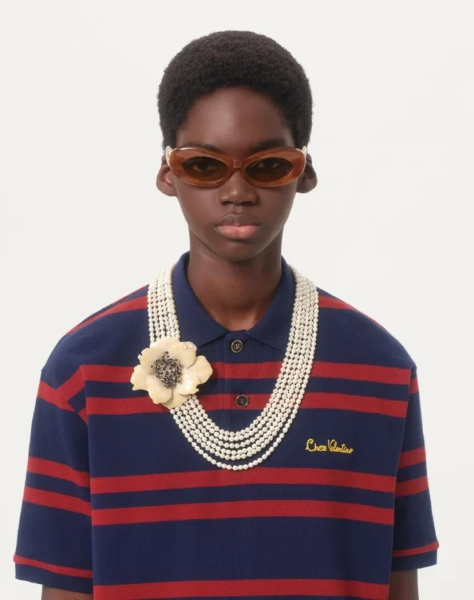 Colier Valentino Garavani Fleur Lumineuse din metal, email, perle și țesătură