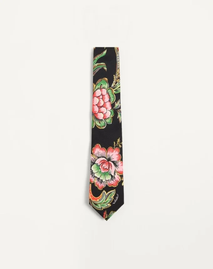 Cravată din mătase cu model floral din hârtie