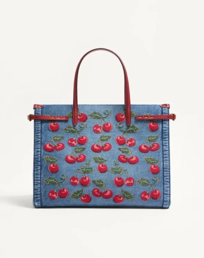 Geantă de cumpărături medie Valentino Garavani Antibes din denim cu broderie Cherryfic Geantă de cumpărături medie Valentino Garavani Antibes din denim cu broderie Cherryfic