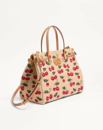 Geantă de cumpărături medie Valentino Garavani Antibes din rafie jacquard cu motiv Cherryfic