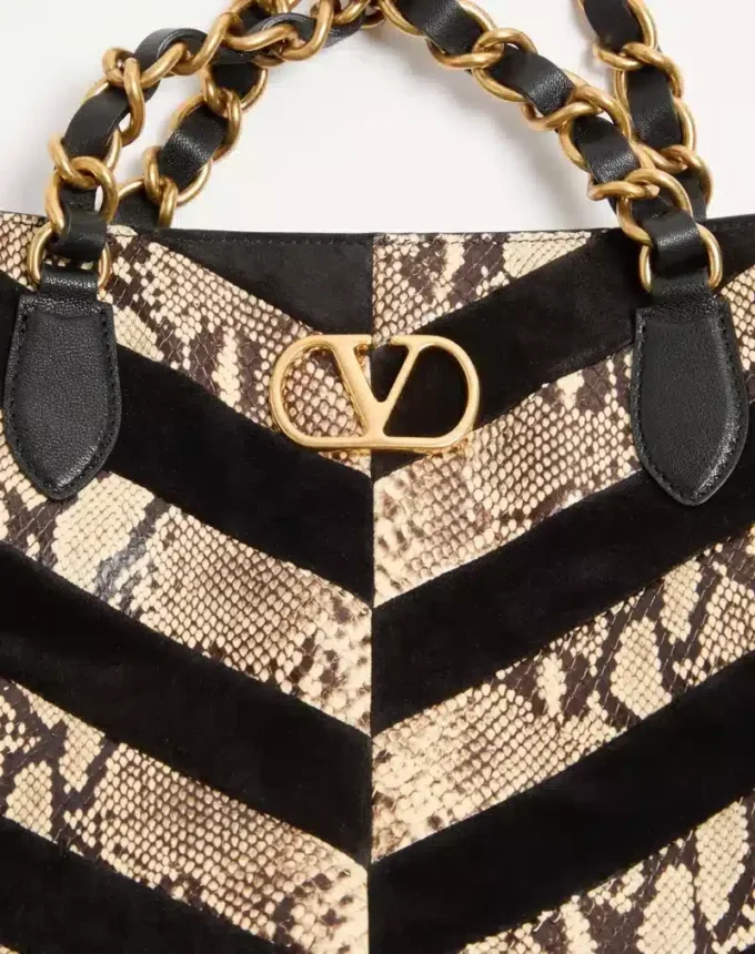 Geantă de cumpărături Valentino Garavani Laseine din piele de piton și piele întoarsă cu model chevron