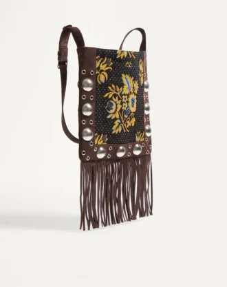 Geantă de umăr Valentino Garavani Nellcôte din țesătură jacquard cu franjuri