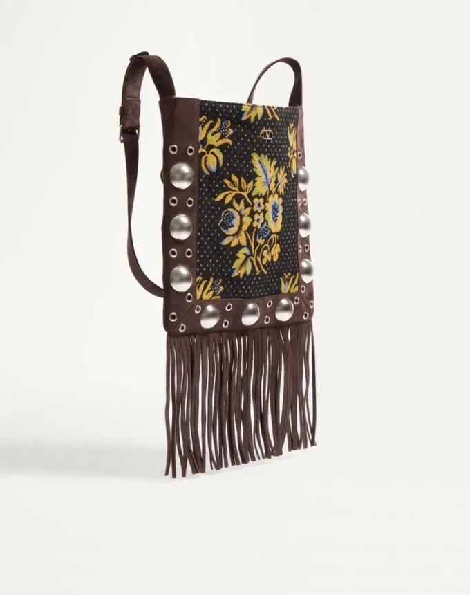 Geantă de umăr Valentino Garavani Nellcôte din țesătură jacquard cu franjuri
