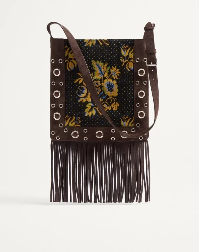 Geantă de umăr Valentino Garavani Nellcôte din țesătură jacquard cu franjuri