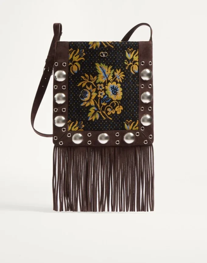 Geantă de umăr Valentino Garavani Nellcôte din țesătură jacquard cu franjuri