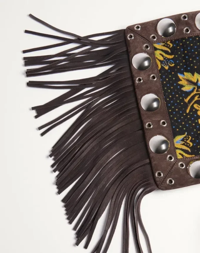 Geantă de umăr Valentino Garavani Nellcôte din țesătură jacquard cu franjuri