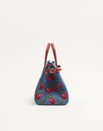 Geantă mică de cumpărături Valentino Garavani Antibes din denim cu broderie Cherryfic