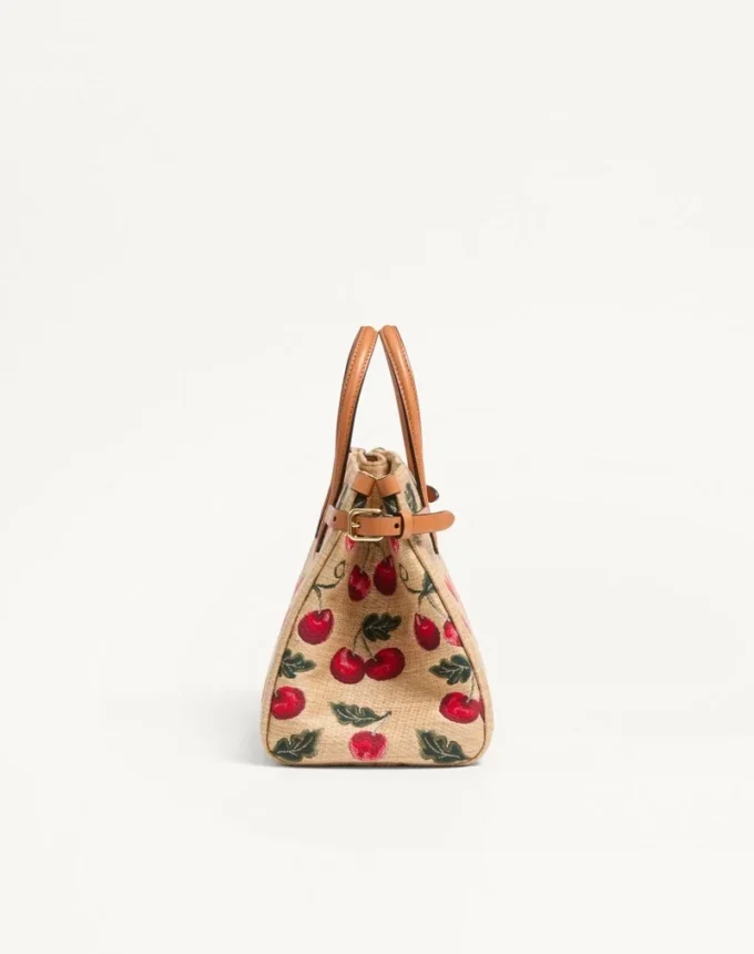 Geantă mică de cumpărături Valentino Garavani Antibes din rafie jacquard cu model Cherryfic