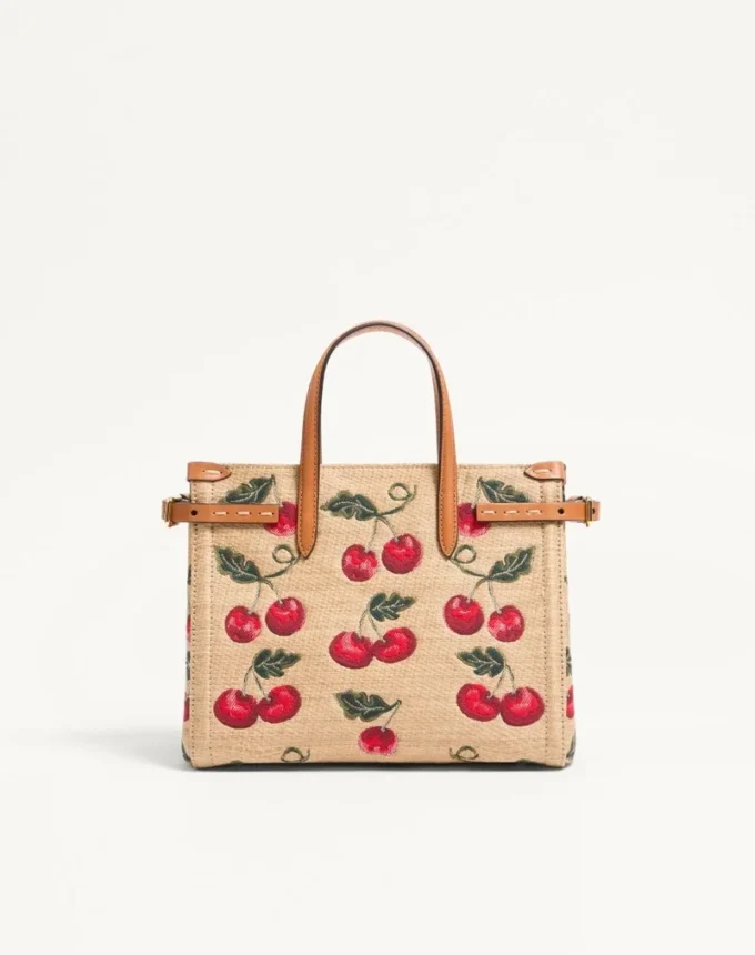 Geantă mică de cumpărături Valentino Garavani Antibes din rafie jacquard cu model Cherryfic
