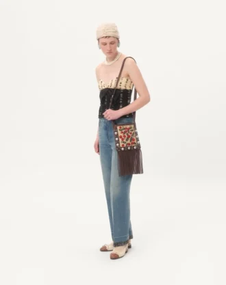 Geantă mică de umăr Valentino Garavani Nellcôte din rafie jacquard cu model Cherryfic