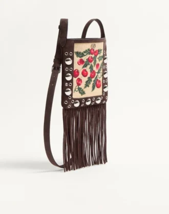 Geantă mică de umăr Valentino Garavani Nellcôte din rafie jacquard cu model Cherryfic