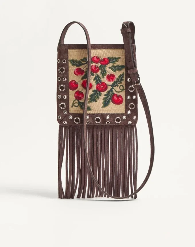 Geantă mică de umăr Valentino Garavani Nellcôte din rafie jacquard cu model Cherryfic Geantă mică de umăr Valentino Garavani Nellcôte din rafie jacquard cu model Cherryfic