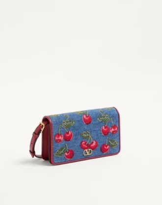Geantă mini de umăr din denim cu broderie Cherryfic și sigla VLogo