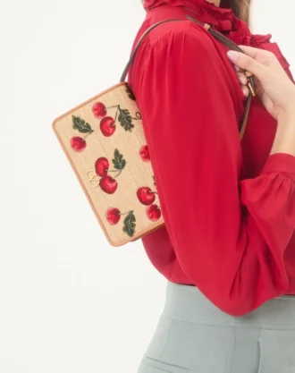 Geantă mini de umăr Vlogo Signature din rafia jacquard cu model Cherryfic