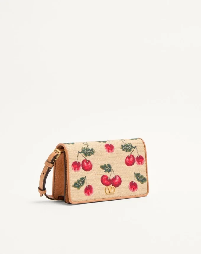 Geantă mini de umăr Vlogo Signature din rafia jacquard cu model Cherryfic Geantă mini de umăr Vlogo Signature din rafia jacquard cu model Cherryfic