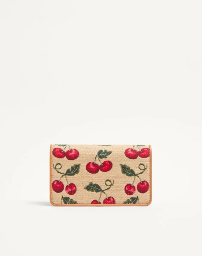 Geantă mini de umăr Vlogo Signature din rafia jacquard cu model Cherryfic Geantă mini de umăr Vlogo Signature din rafia jacquard cu model Cherryfic