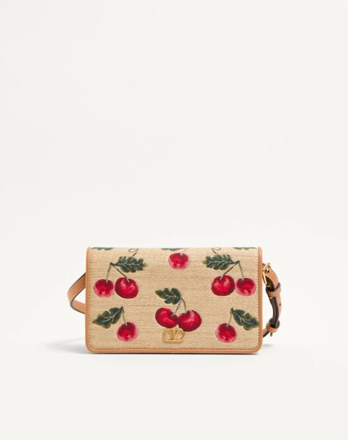 Geantă mini de umăr Vlogo Signature din rafia jacquard cu model Cherryfic Geantă mini de umăr Vlogo Signature din rafia jacquard cu model Cherryfic