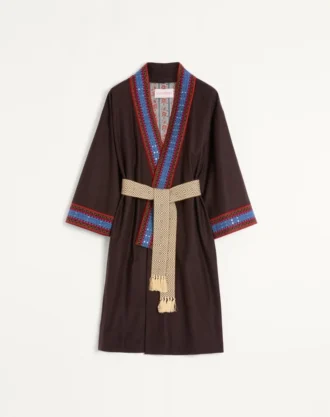 Halat din flanelă de lână cu centură jacquard