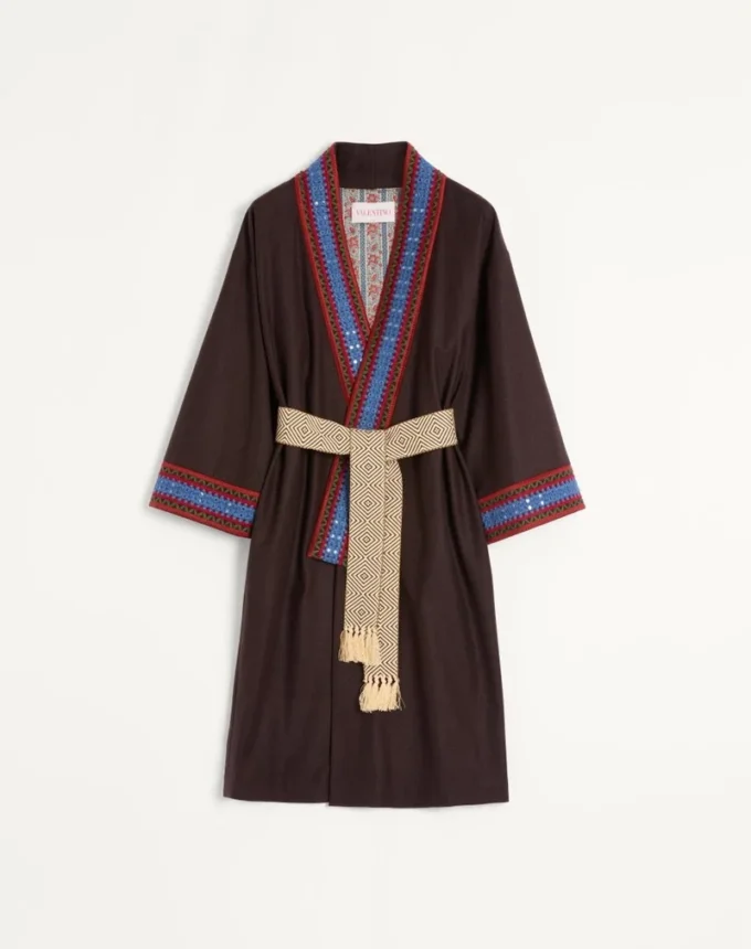 Halat din flanelă de lână cu centură jacquard Halat din flanelă de lână cu centură jacquard