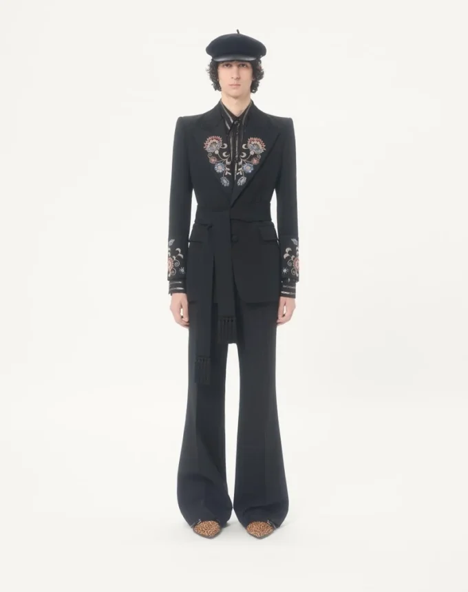 Jacheta brodată Valentino cu centură din lână Grain De Poudre