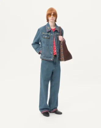 Jacheta din denim cu broderie cu mărgele și margini imprimate