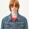 Jacheta din denim cu broderie cu mărgele și margini imprimate Jacheta din denim cu broderie cu mărgele și margini imprimate