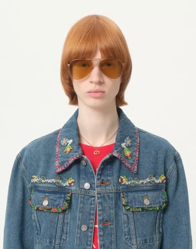 Jacheta din denim cu broderie cu mărgele și margini imprimate Jacheta din denim cu broderie cu mărgele și margini imprimate