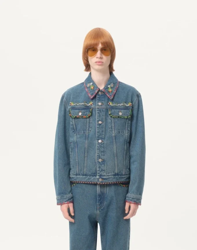 Jacheta din denim cu broderie cu mărgele și margini imprimate Jacheta din denim cu broderie cu mărgele și margini imprimate