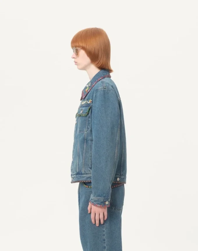 Jacheta din denim cu broderie cu mărgele și margini imprimate Jacheta din denim cu broderie cu mărgele și margini imprimate