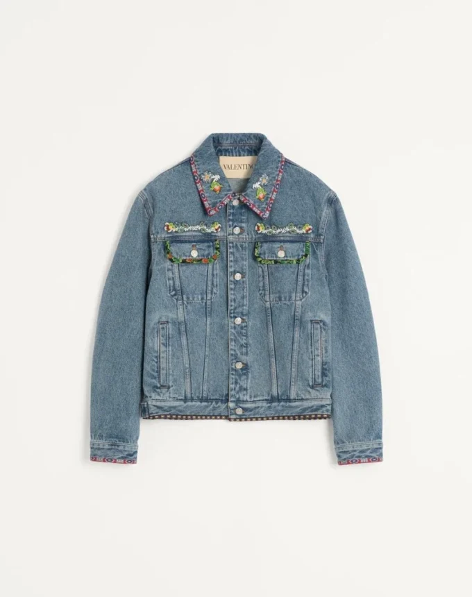 Jacheta din denim cu broderie cu mărgele și margini imprimate Jacheta din denim cu broderie cu mărgele și margini imprimate