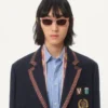 Jacheta din in cu un singur rând de nasturi, broderie cu mărgele și patch-uri