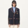 Jacheta din in cu un singur rând de nasturi, broderie cu mărgele și patch-uri