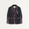 Jacheta din in cu un singur rând de nasturi, broderie cu mărgele și patch-uri