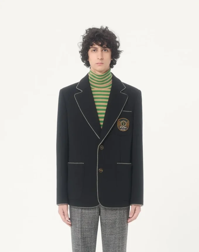 Jacheta din lână cu un singur rând de nasturi și patch Valentino