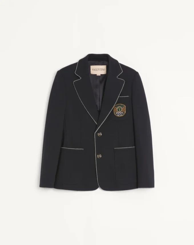 Jacheta din lână cu un singur rând de nasturi și patch Valentino