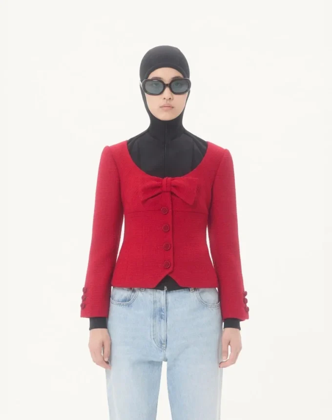 Jacheta scurtă din tweed de lână simplu Jacheta scurtă din tweed de lână simplu