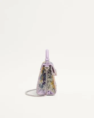 Mini geantă de mână Valentino Garavani Vsling cu motiv Flowerism din strasuri și logo bijuterie