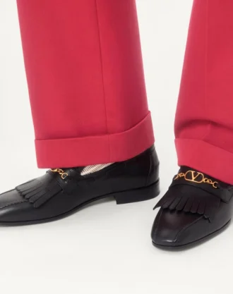 Mocasini din piele de capră cu franjuri și logo VLogo Signature