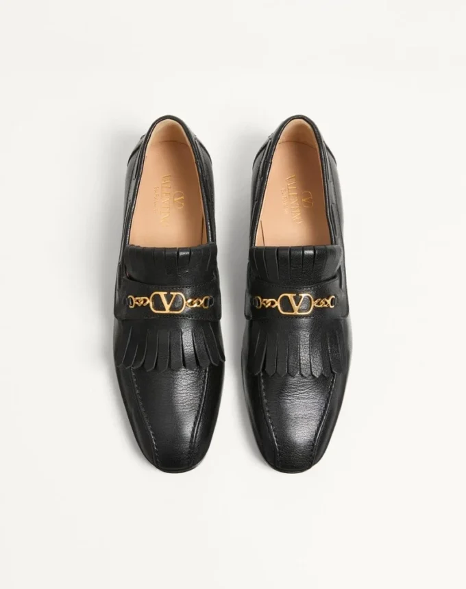 Mocasini din piele de capră cu franjuri și logo VLogo Signature