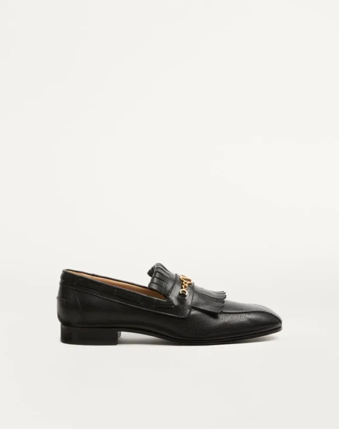 Mocasini din piele de capră cu franjuri și logo VLogo Signature