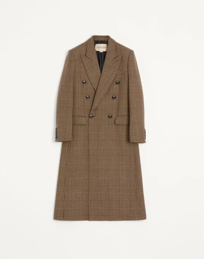 Palton din lână cu două rânduri de nasturi și model Glen Plaid de la Valentino