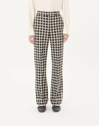 Pantaloni din amestec de lână cu model în carouri și cu revere