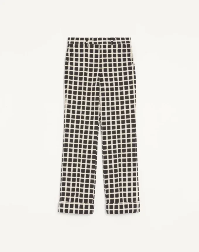 Pantaloni din amestec de lână cu model în carouri și cu revere Pantaloni din amestec de lână cu model în carouri și cu revere