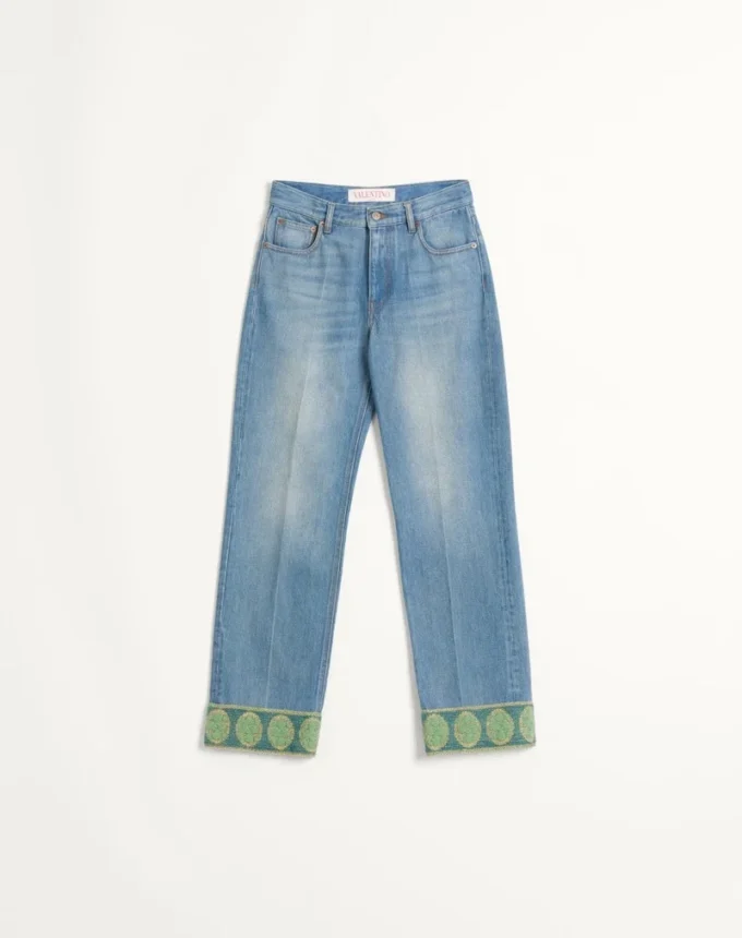 Pantaloni din denim cu ornamente jacquard Pantaloni din denim cu ornamente jacquard