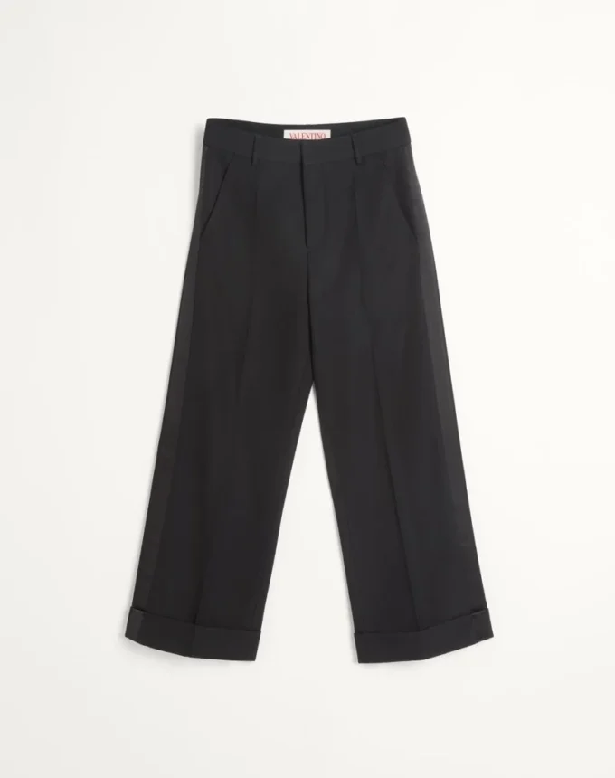 Pantaloni din lână cu manșete și benzi laterale din satin