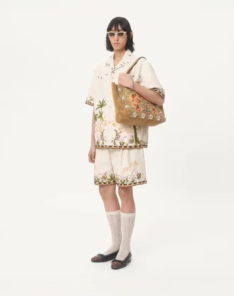 Pantaloni scurți din bumbac cu broderie florală și ornamente jacquard